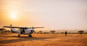 Small aircraft on remote airstrip in West African Sahel landscape at sunset with vast arid terrain