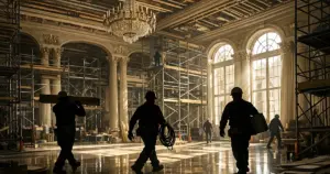 Construction workers in silhouette working inside a grand ballroom with scaffolding and tall windows