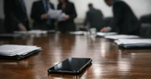 Smartphone on conference table with silhouetted officials reviewing documents in government meeting room
