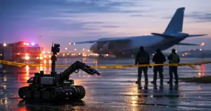 Bomb disposal robot on airport tarmac near cargo aircraft with emergency lights at dusk
