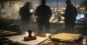 FBI operations room with case files on desk and silhouetted agents reviewing documents at night