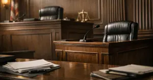 Empty federal courtroom with witness stand and judge's bench in dramatic natural lighting