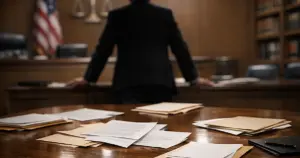 Documents spread across table in federal courthouse examination room with silhouetted figure standing at far end