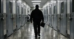 Silhouetted inspector walking through detention facility corridor with security doors and fluorescent lighting