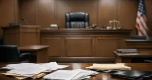 Empty federal courtroom with judge's bench and scattered legal documents on defense table