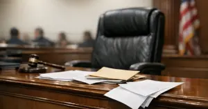 Empty federal judge's bench with scattered legal documents on polished wood surface in courtroom interior