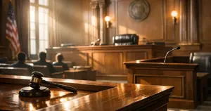 Empty Texas courtroom interior with judge's bench and dramatic window lighting casting shadows across wooden surfaces