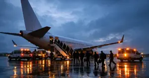 Commercial aircraft on wet tarmac at dusk with ground crew vehicles and flashing amber lights at remote airport