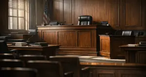 Empty federal courtroom interior with judge's bench and gallery seating in dramatic natural lighting
