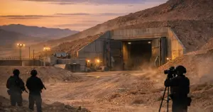Fortified concrete bunker entrance built into desert hillside with reinforced blast doors at dusk