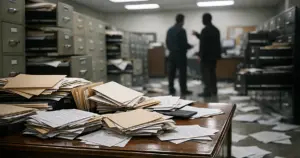 Open filing cabinets and scattered documents across desk in government office showing administrative disarray