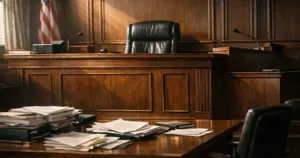 Empty federal courtroom with judge's bench and scattered legal documents on tables in dramatic natural light