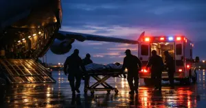 Military aircraft on tarmac at dusk with medical personnel silhouettes transferring patient to ambulance
