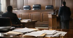 Empty federal courtroom bench with scattered legal documents on table in foreground