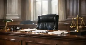 Empty federal judge's bench in courtroom with afternoon light streaming through windows and scattered papers