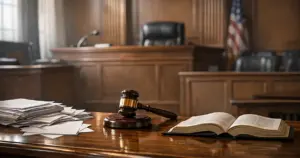 Federal courtroom interior with judge's bench, scattered legal documents, and dramatic window lighting
