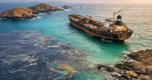 Grounded oil tanker surrounded by oil sheen in protected coastal waters near rocky islands