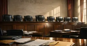 Empty Supreme Court bench with nine chairs and dramatic window lighting creating shadows across polished wood surface