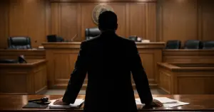 Empty Texas courtroom with silhouetted attorney at defense table, judge's bench in background