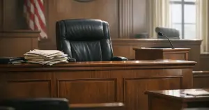 Empty judge's bench in Texas courtroom with afternoon light streaming through windows and legal documents on surface