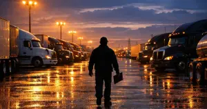 Commercial truck yard at dusk with rows of semi-trucks and silhouetted worker walking between vehicles