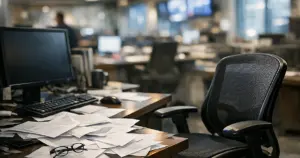 Empty newsroom desk with scattered papers and turned office chair suggesting abrupt departure from workspace