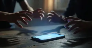 Smartphone on table with multiple silhouetted hands reaching toward glowing screen in dramatic lighting