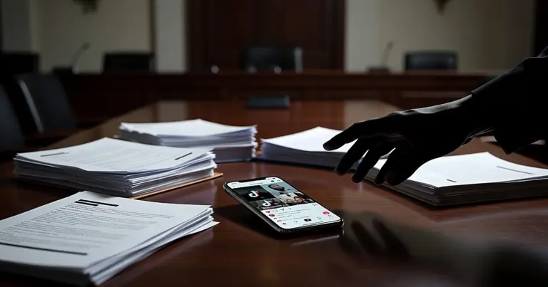 Smartphone on table with legal documents, silhouetted hand reaching toward device in dramatic lighting