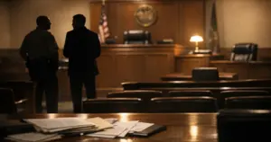 Empty South Carolina courtroom interior with silhouetted figures near judge's bench at dusk