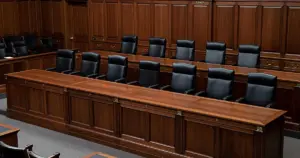 Empty Supreme Court bench with eight chairs, one position vacant, photographed from gallery perspective