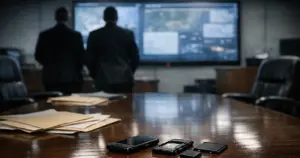 Secure briefing room with burner phone on table and silhouetted figures reviewing classified materials