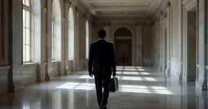 Silhouetted figure walking away down sunlit government building corridor with briefcase