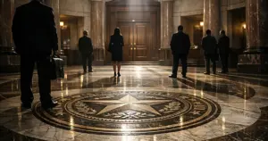 Silhouetted figures in courthouse rotunda with marble floors and dramatic natural lighting from above