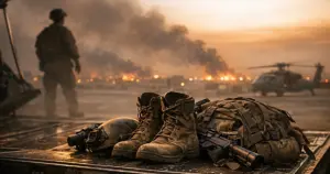 Military boots and tactical gear silhouetted on aircraft ramp against smoky sunset sky over Middle Eastern airbase