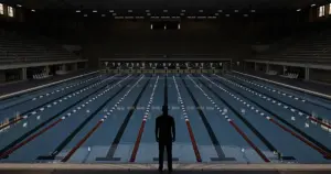 Empty NCAA swimming pool with lane dividers and silhouetted figure standing at edge in dim lighting