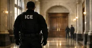 Federal courthouse hallway with silhouetted immigration officer standing at corridor intersection
