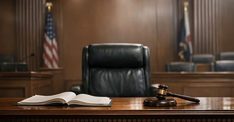 Empty federal courtroom judge's bench with open legal documents and gavel in formal judicial chamber