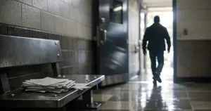 Federal courthouse security door opening with silhouetted figure walking toward bright exit, detention bench in foreground