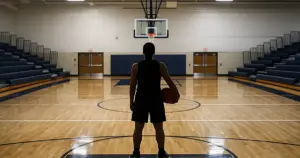 Empty high school gymnasium with silhouetted athlete standing on basketball court under bright overhead lights