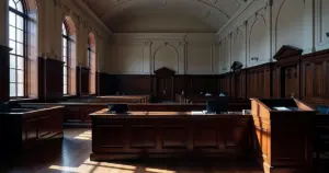 Empty federal courtroom interior with judicial bench and witness stand in dramatic afternoon lighting