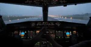 Cockpit instrument panel with silhouetted pilot hands on controls during runway approach at dusk
