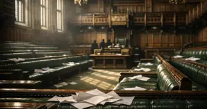Empty green leather benches in British House of Commons chamber with papers scattered after parliamentary session