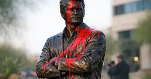 Bronze statue streaked with red paint on concrete pedestal against blurred corporate building background