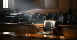 Empty jury box in courtroom with single chair separated by dramatic lighting from the other eleven seats