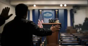 Empty White House press briefing room with silhouetted figure reaching toward podium with microphones