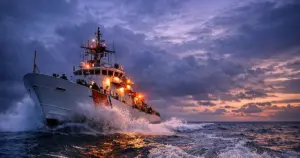 Coast Guard cutter vessel cutting through ocean waters at dusk with emergency lights illuminated during patrol