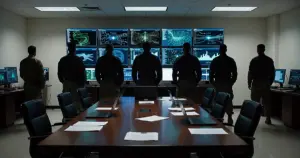 Military operations center with silhouetted personnel at computer stations and conference table with documents