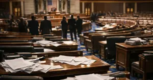 Empty House chamber with scattered papers on desks after legislative vote, warm overhead lighting