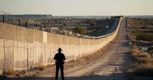 Border security barrier wall with razor wire stretching across Texas landscape at sunset with silhouetted officer