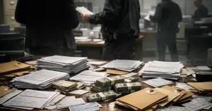 Federal evidence table with stacked documents and folders during fraud investigation processing